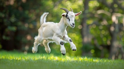 Obraz premium Playful Goat Jumping in Lush Green Grass