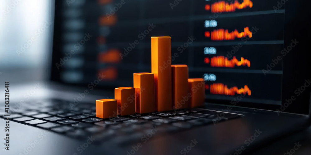 Poster close up of laptop keyboard with orange bar graphs representing data analysis and financial trends. 