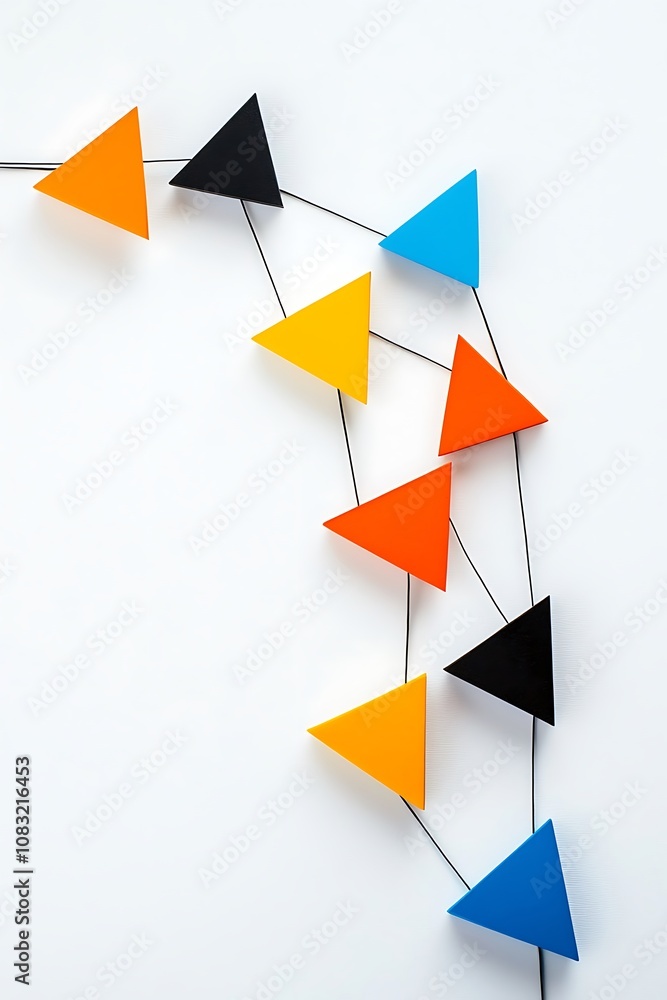 Poster colorful triangles connected by strings on white background