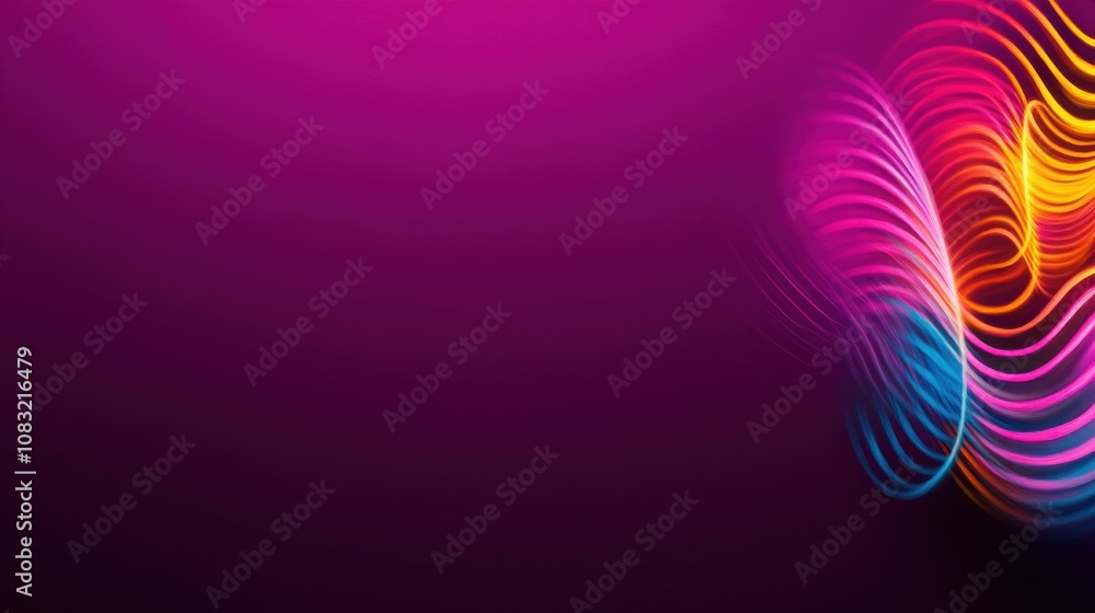 Poster vibrant abstract design featuring dynamic waves of color on a purple background, perfect for creativ