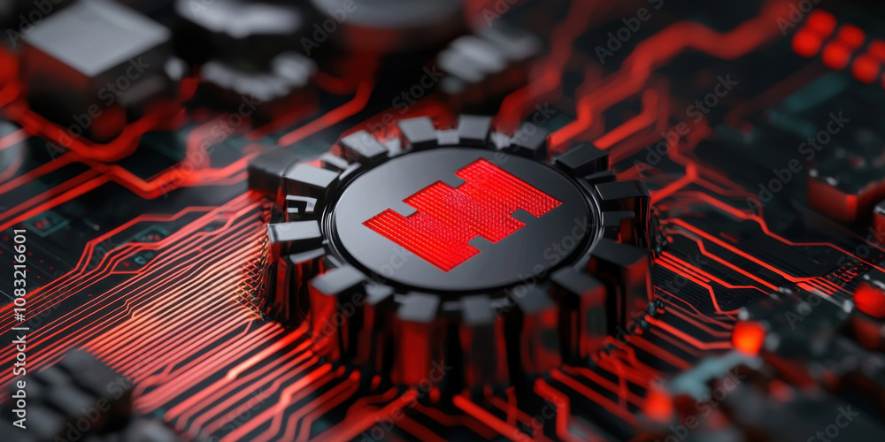 Poster high tech circuit board with intricate red and black design, featuring prominent central component. 