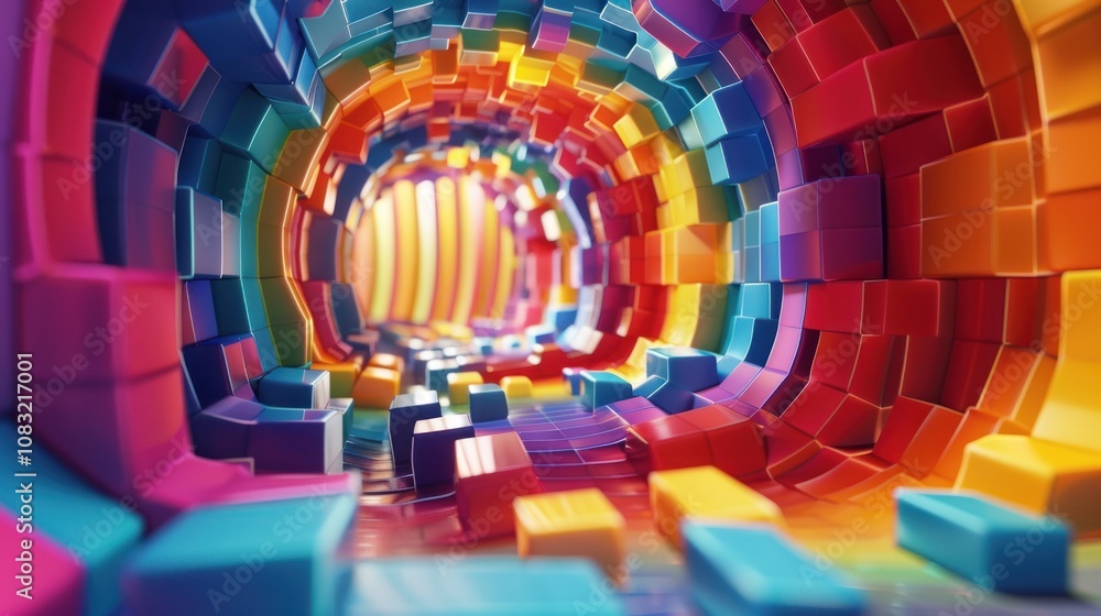 Poster abstract colorful tunnel made of blocks.