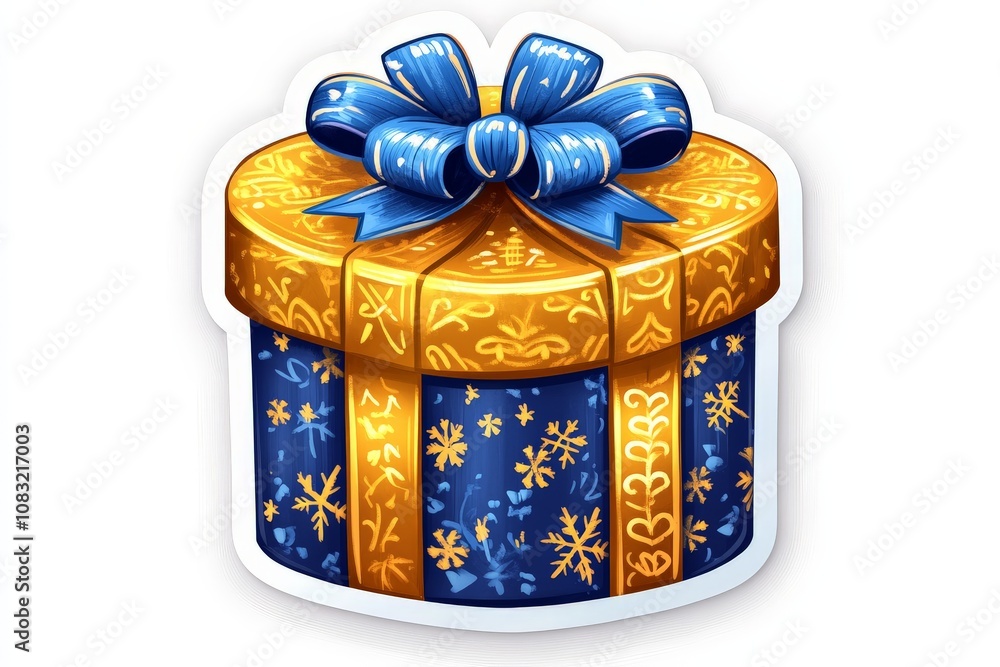 Poster golden gift box adorned with a bright blue bow and intricate snowflake patterns emphasizing festive 