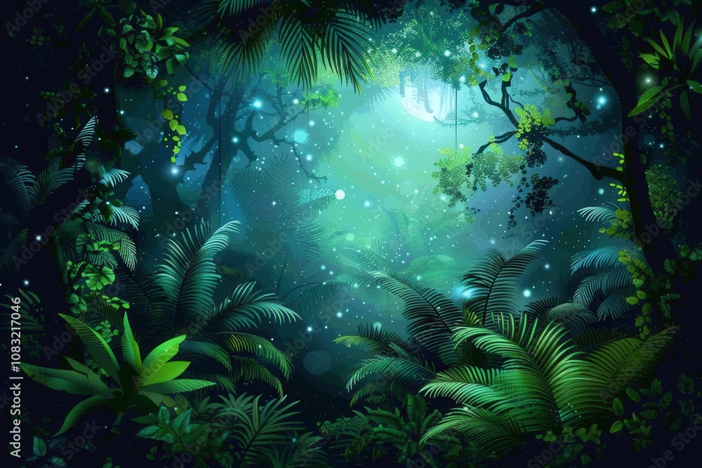 Poster a mystical forest scene illuminated by soft light, featuring lush greenery and ethereal sparkles, cr
