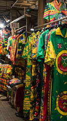 Fototapeta premium A vibrant display of colorful clothing featuring traditional patterns in a market setting.