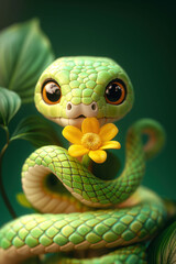 Fototapeta premium A cute baby snake coiled in a spiral holding a flower, surrounded by gentle colors and light