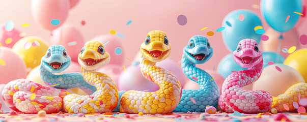 Obraz premium Colorful cartoon snakes celebrate together with balloons and confetti in a festive atmosphere