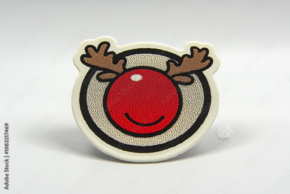 Poster smiling red nosed reindeer badge with a cartoon inspired style combining playful festive themes with
