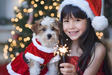 A beautiful, smiling little girl celebrates christmas with a puppy dog and sparkler.