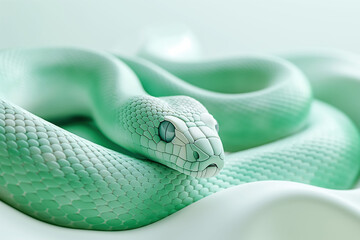 Obraz premium Minimalist 3D vector snake gently coiled in soft green shades on a white background