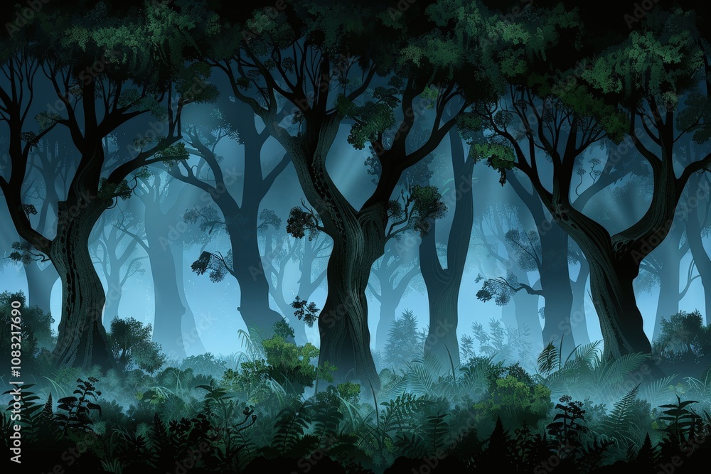 Poster a mystical forest scene with dark trees shrouded in mist, creating an eerie yet enchanting atmospher