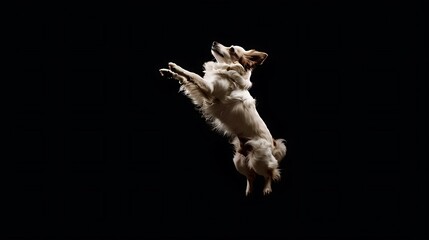 Fototapeta premium A dog leaping gracefully against a dark background, showcasing its agility and energy.