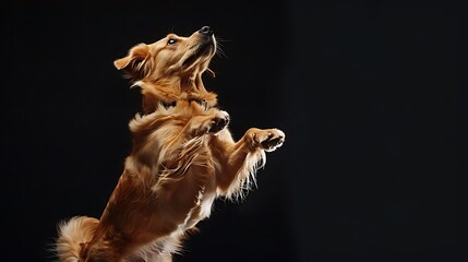 Obraz premium A golden retriever jumping in mid-air against a dark background, showcasing its playful spirit.