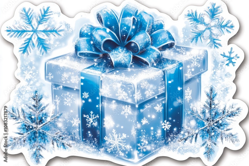 Poster frosty blue holiday gift box with intricate snowflake patterns and a shimmering bow emphasizing eleg