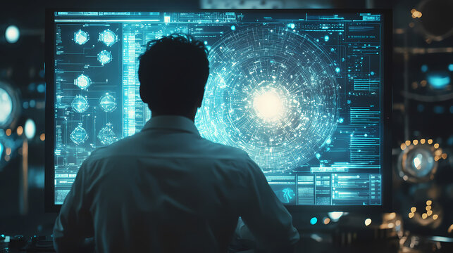 A quantum computing business applications expert explaining the potential of quantum algorithms for solving complex business problems, with a digital presentation. Quantum. Illustration
