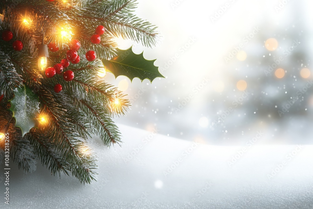 Poster snowy winter setting with holly branches adorned with red berries complemented by sparkling bokeh an