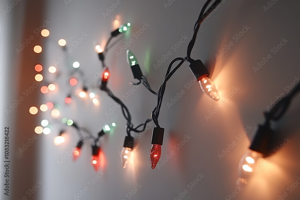 Poster tightly intertwined string lights in varied shapes with warm glowing effects on a wall adding a fest