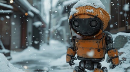 Fototapeta premium A small, orange robot wearing a beanie stands in a snowy, urban setting, looking out with large, curious eyes.