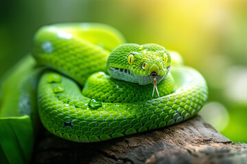 Obraz premium A green snake displaying fangs while coiled on a wooden log surrounded by green foliage