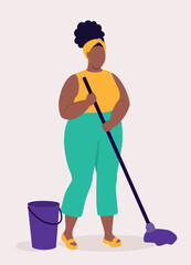 One Plus Size Black Woman Mopping The Floor With Mop.