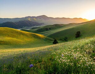 Fototapeta premium Rolling Green Hills Bathed in Soft Golden Light, With Wildflowers Blooming Across the Meadow and the Majestic Mountains Rising in the Distance Under the Vast Open Sky