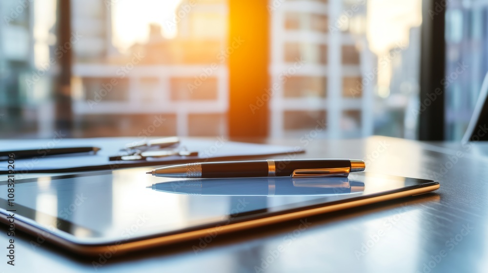 Poster a tablet computer with a pen lying on a desk in an office setting with a city view outside the windo