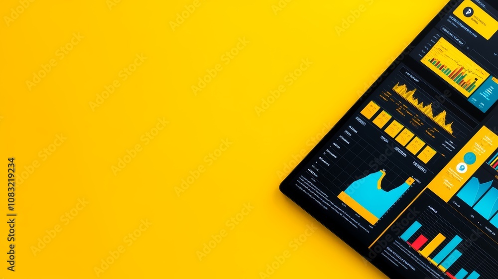 Poster a tablet displaying charts and graphs on a yellow background.