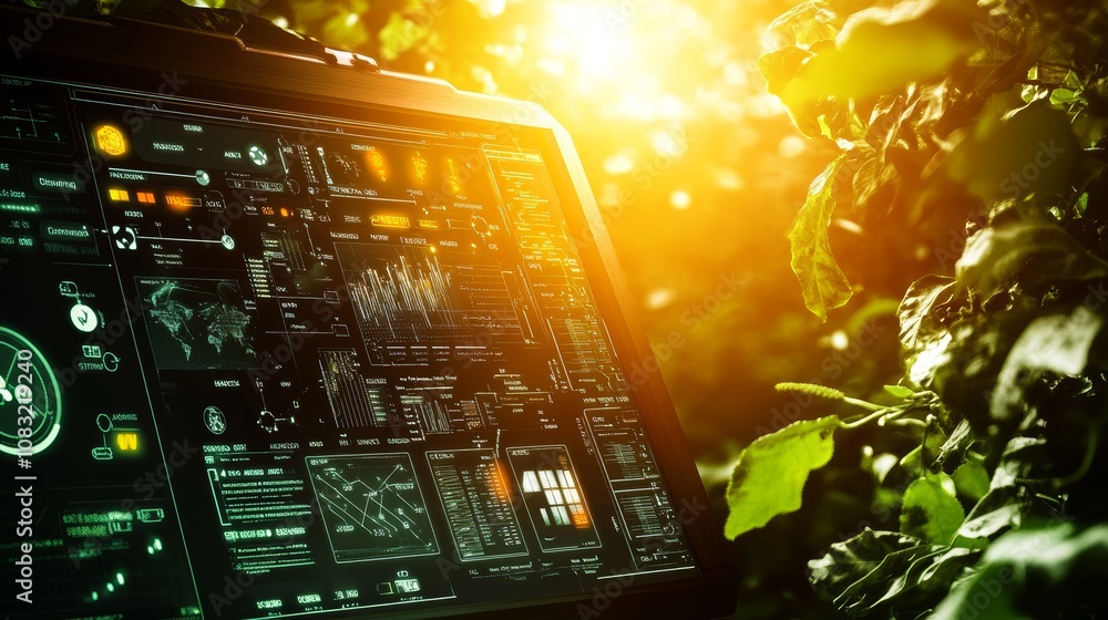 Poster a tablet computer with a digital interface and green data displays, set against a backdrop of green 