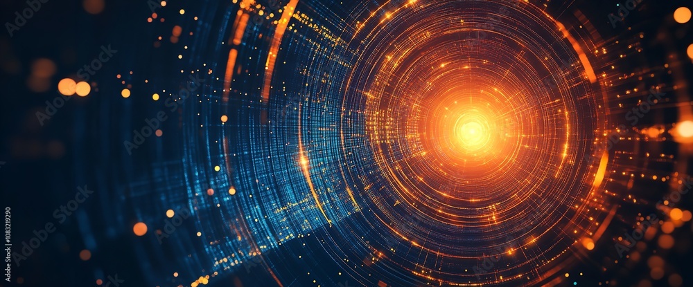 Poster abstract futuristic background with glowing circles and tech elements.