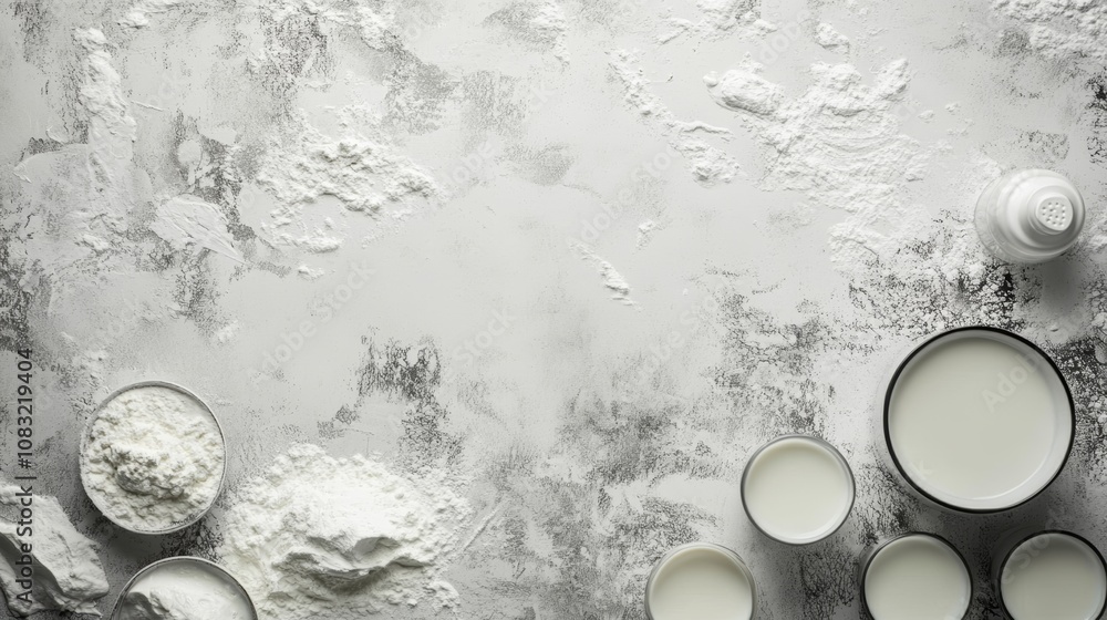 Poster a top view of a grey surface dusted with flour, with bowls of milk and flour arranged on the right a