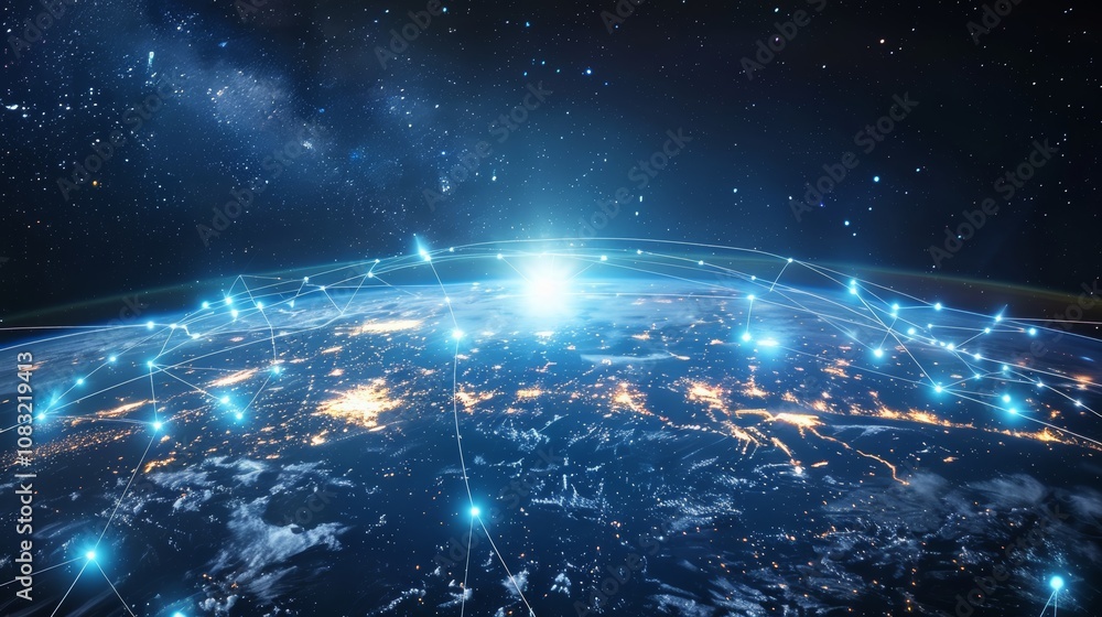 Fototapete planet with a network of lines connecting it to other planets. connections system and global datas e
