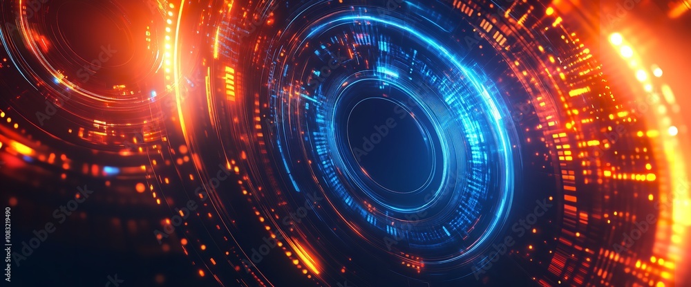 Poster abstract futuristic background with glowing circles and tech elements.