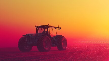 Fototapeta premium A tractor sits in a field at sunset, with a grid pattern overlaid on the image.