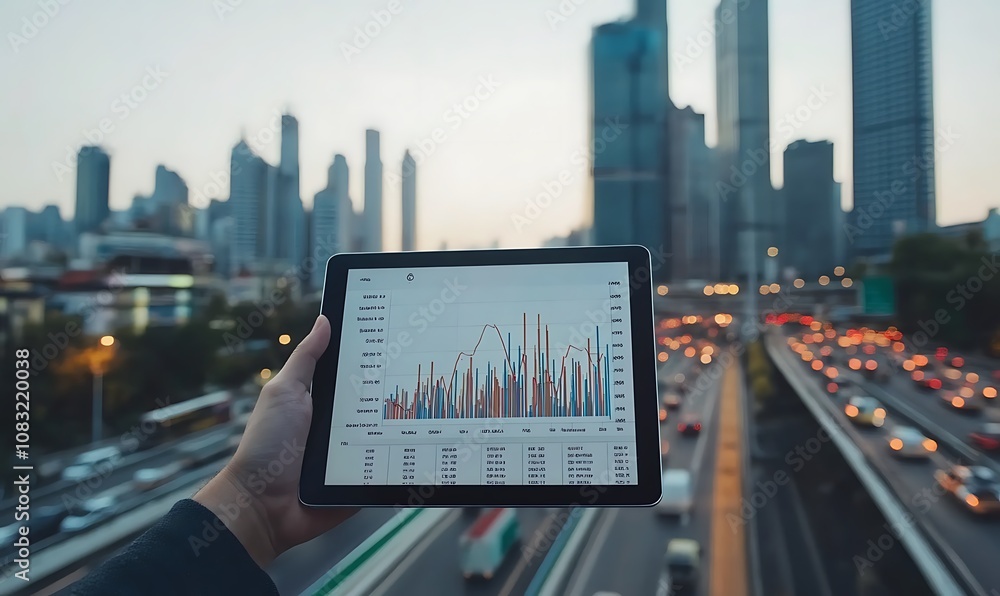 Poster a person holds a tablet displaying graphs in a cityscape with traffic in the background.