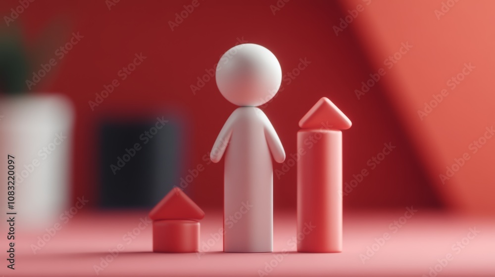 Poster a white 3d figure standing next to a red bar chart with an arrow pointing upwards, symbolizing growt