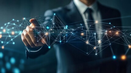 Businessman touching structure of business technology on data network to adapt implement new policies and technology to support it effectively. Enhance customer experience and stay competitive