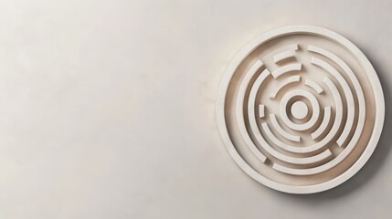 A white circular maze on a white background with copy space to the left.