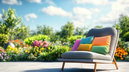 Fototapeta premium Stylish lounge chair with colorful throw pillows sits ready for relaxation on a paved terrace overlooking a bright, vibrant summer garden scene.