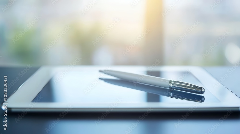 Poster a white pen resting on a tablet computer with a blurred background.