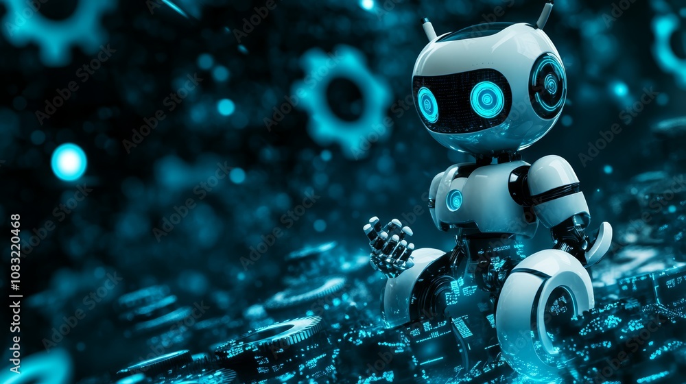 Poster a white robot with blue eyes sits on a circuit board with cogs and gears in the background.
