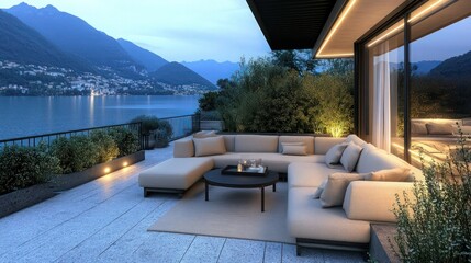 Fototapeta premium Luxurious modern outdoor sectional sofa seating area overlooking a serene illuminated lake and mountains at twilight.