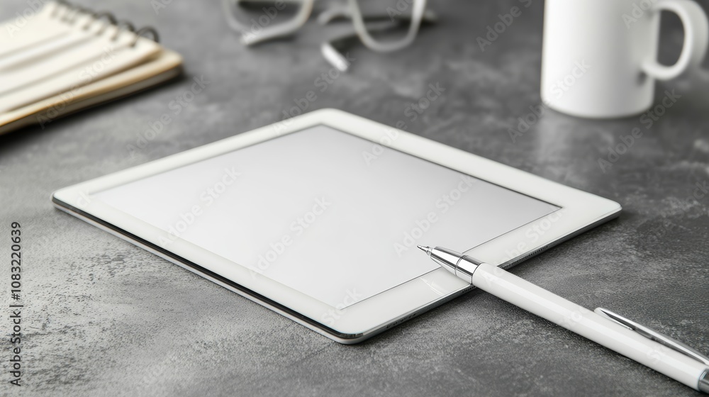 Poster a white tablet computer with a pen lying beside it on a gray surface. a cup of coffee and a notebook