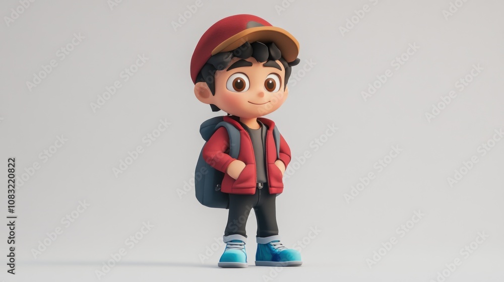 Aufkleber a cheerful animated boy character with a backpack, dressed casually and ready for adventure.