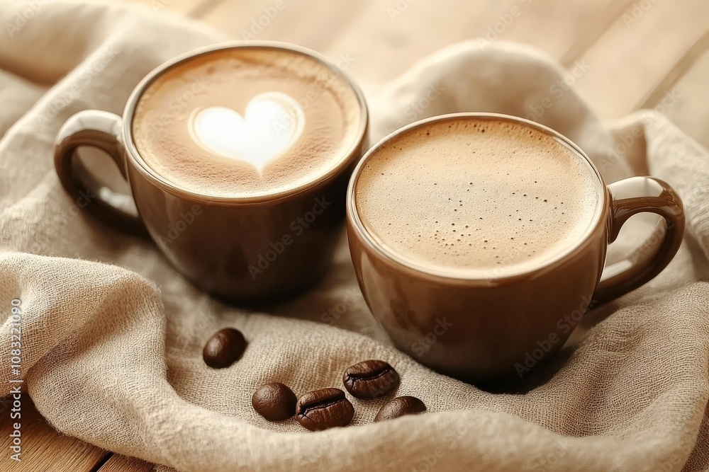 Aufkleber two cappuccinos with latte art on a soft beige background creating a minimalist and elegant coffee f