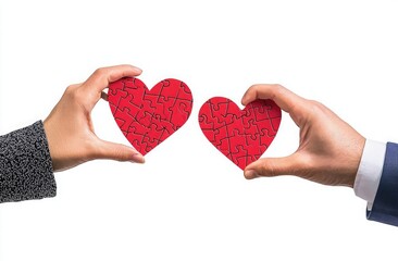 Obraz premium Two hands in business attire, one holding two puzzle pieces shaped like red heart shapes and the other hand reaching out to interact with them