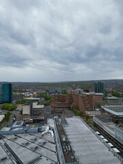 Obraz premium Aerial View of Historical Sheffield City Centre Which is Located at English county of South Yorkshire United Kingdom. April 29th, 2024.
