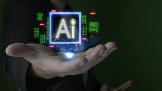 Businessman presents cutting-edge AI technology, showing glowing AI logo floating above an open hand, surrounded by digital data and symbols, symbolizing artificial intelligence technology.