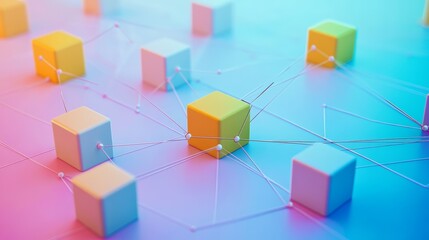 Obraz premium Abstract 3D rendering of colorful cubes connected by lines on a pink and blue gradient background.