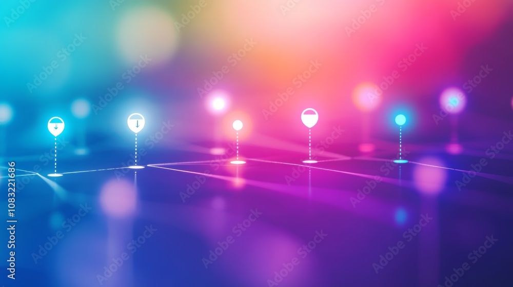 Poster abstract background with glowing location icons connected by lines on a purple and pink gradient.