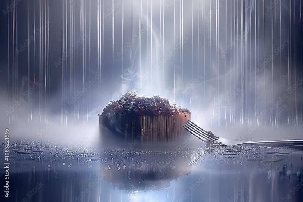 Poster a serene scene features a floating island of debris under a rain-soaked atmosphere, creating a tranq